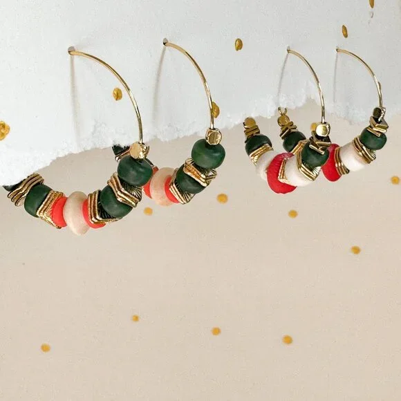 Boho Hoop Earrings Green Stone Beaded Gold Hoops Coral Ivory | Artisan Style - Picture 1 of 10